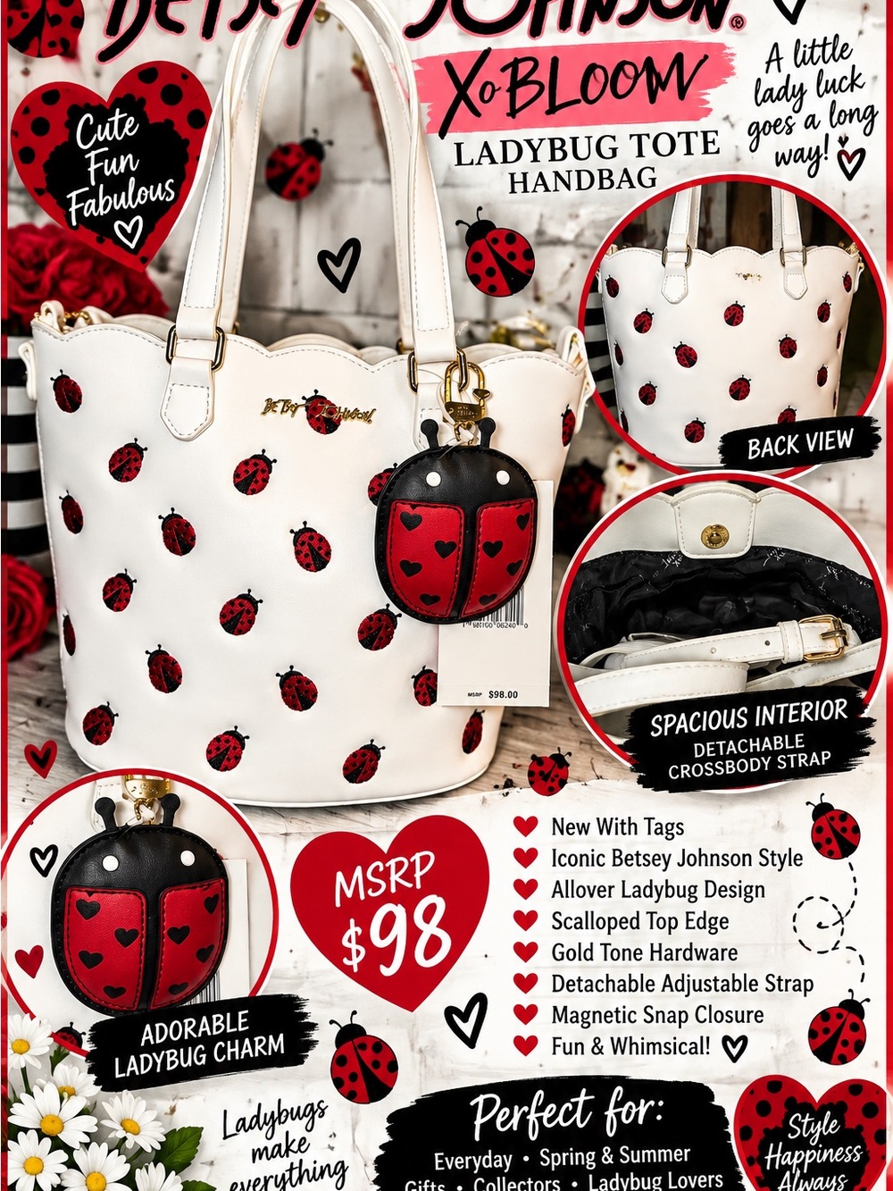 Betsey Johnson XoBLOOM Ladybug Tote Satchel Crossbody Bag Charm